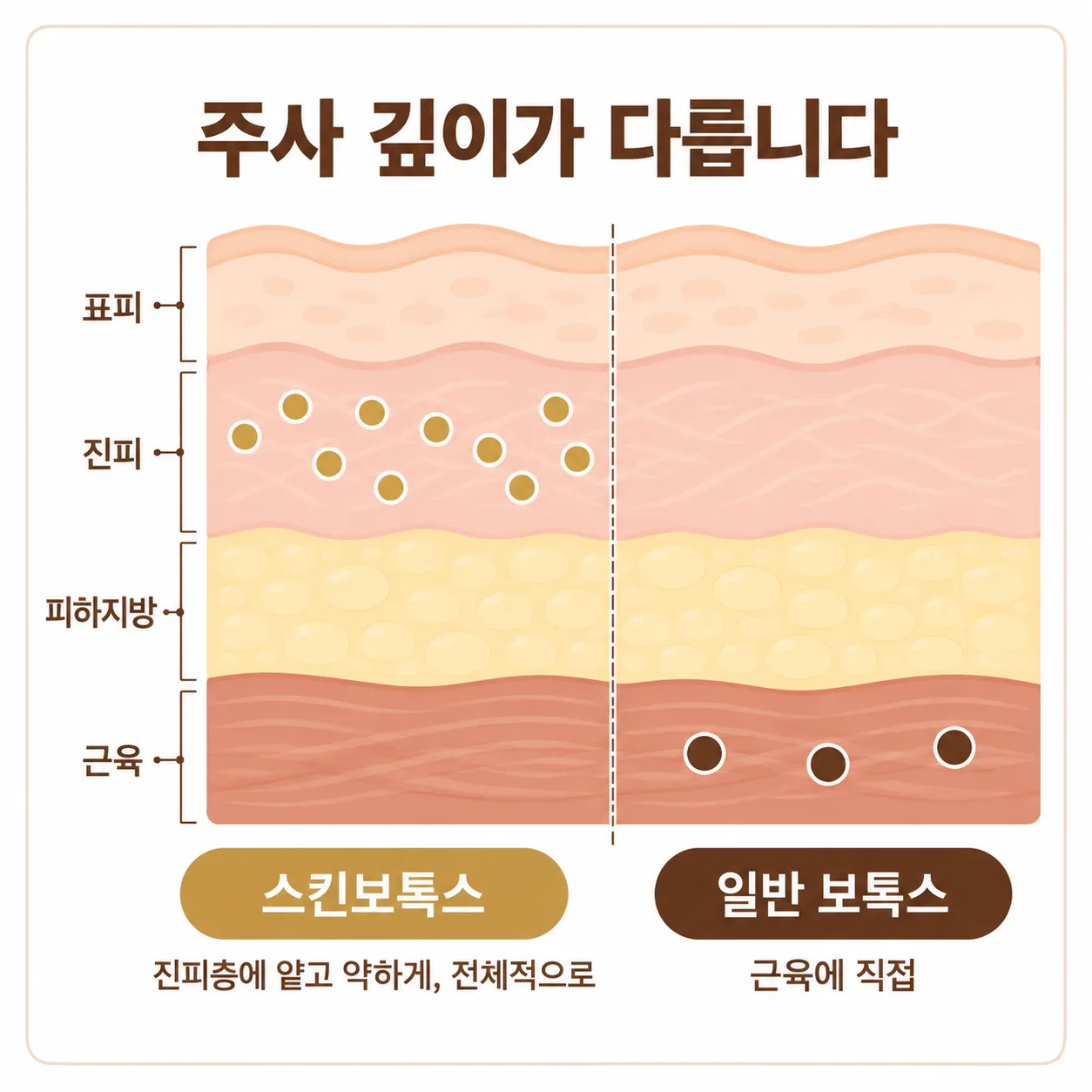 스킨보톡스는 진피층에 얕게, 일반 보톡스는 근육에 직접 놓는 주사 깊이 차이를 나타낸 피부 단면 도식